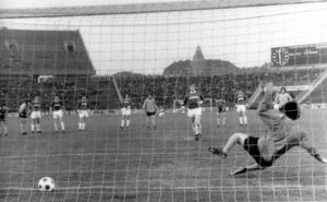 Phil Parkes beaten for once by a Ferencvaros penalty. 
