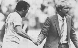 Shaking hands with Eddie Gray after the 0-0 draw at Leeds early in 1982-83. 