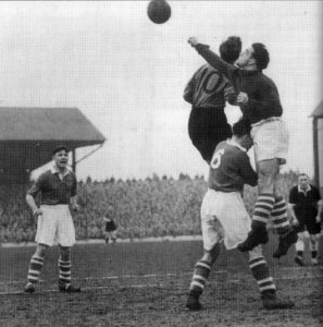The inside-forward challenges in a game at Middlesbrough in 1950. 